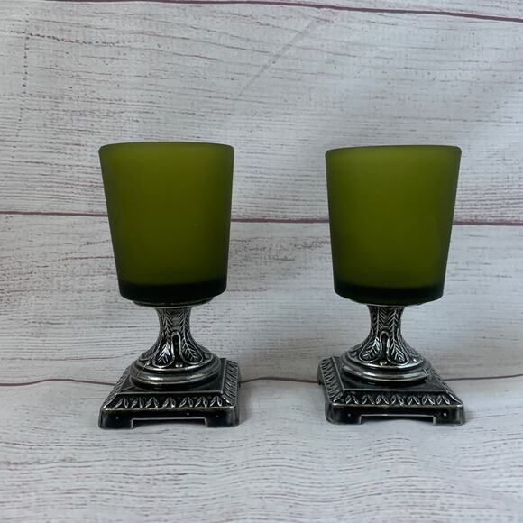 Green Frosted Glass Votive Candle Holders Set of 2 Square Metal Base 4 3/8" - Picture 2 of 16